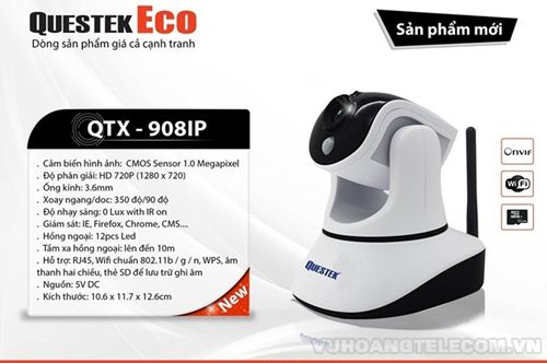 Camera Wifi QUESTEK QTX-908IP thiết kế nhỏ gọn, hỗ trợ nhiều tính năng ưu điểm như đèn hồng ngoại quan sát ban đêm rõ nét, tầm nhìn xa 10m
